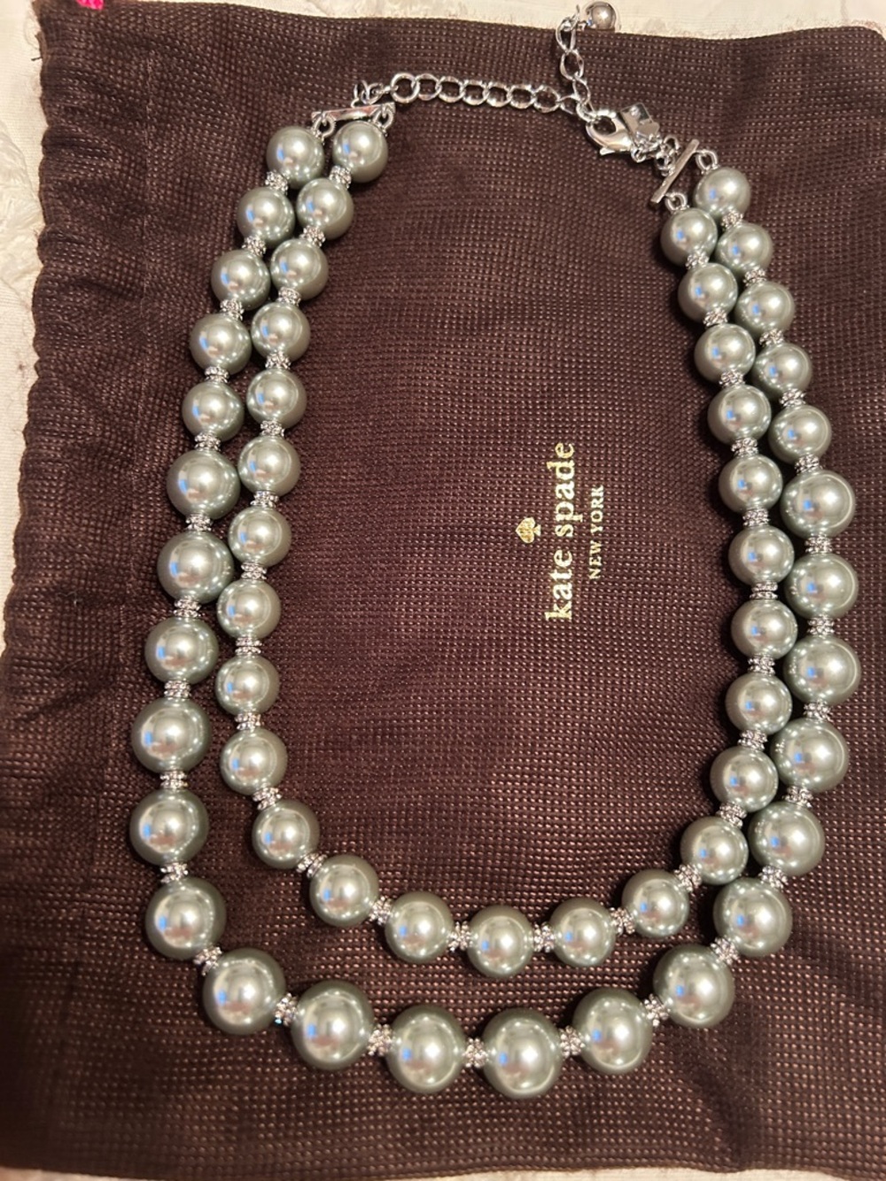 kate spade Silver Faux Pearl Double-Strand Necklace with kate spade pouch.